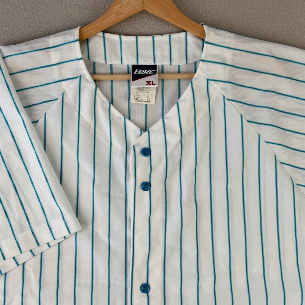 Vintage Bike Baseball Jersey Shirt Mens XL Teal Pinstripe Short Sleeve 90s USA